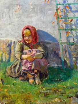 little girl in a garden Nikolay Belsky Russian Oil Paintings